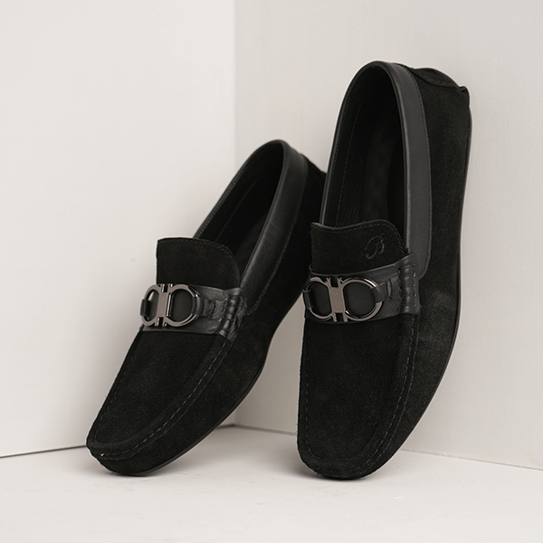 Duke Suede Bit Driving Moccasin in Black — another angle